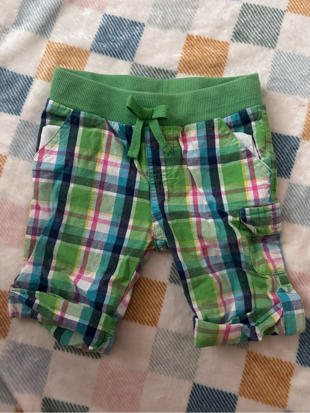 Kids Plaid Drawstring Cargo Shorts - Green